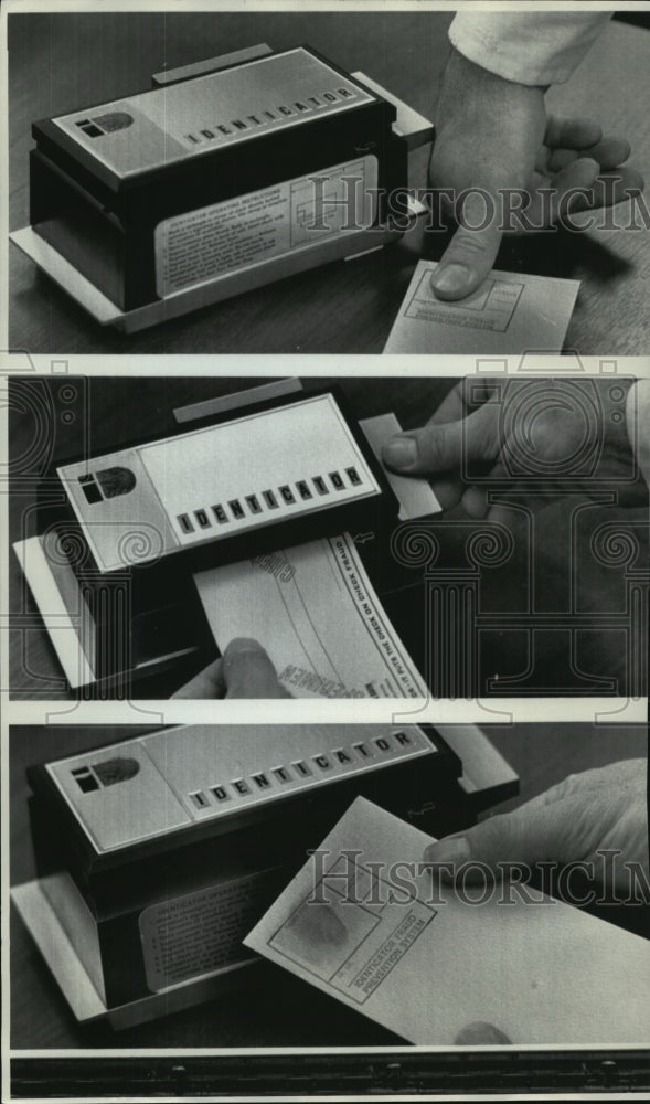1973 Machine that allows checks to be signed by fingerprint - Historic Images