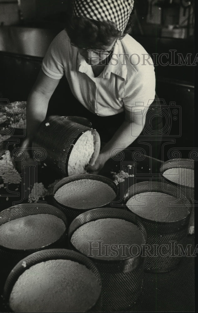 1981 Press Photo Virginia Habersetzer also helped with the Turning of Cheese - Historic Images