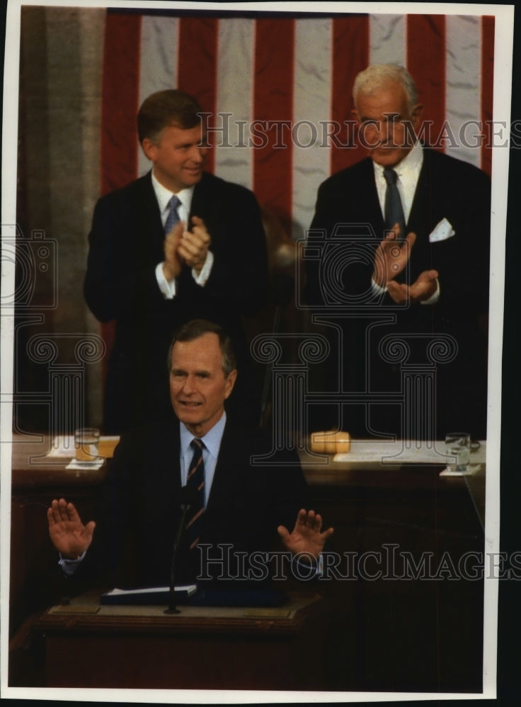 1992 Press Photo Presdient Bush, Dan Quayle, Thomas S. Foley at speech-Historic Images