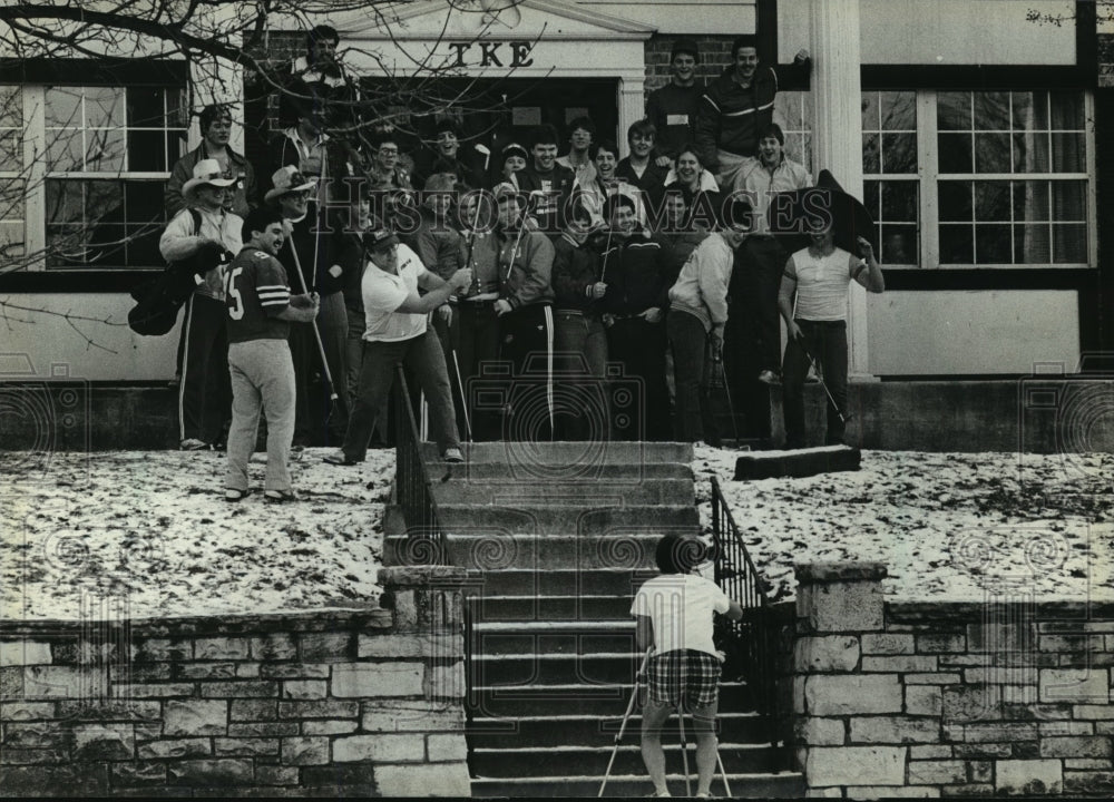 1984 Press Photo Members of Tau Kappa Epsilon at Carroll College, Wisconsin-Historic Images