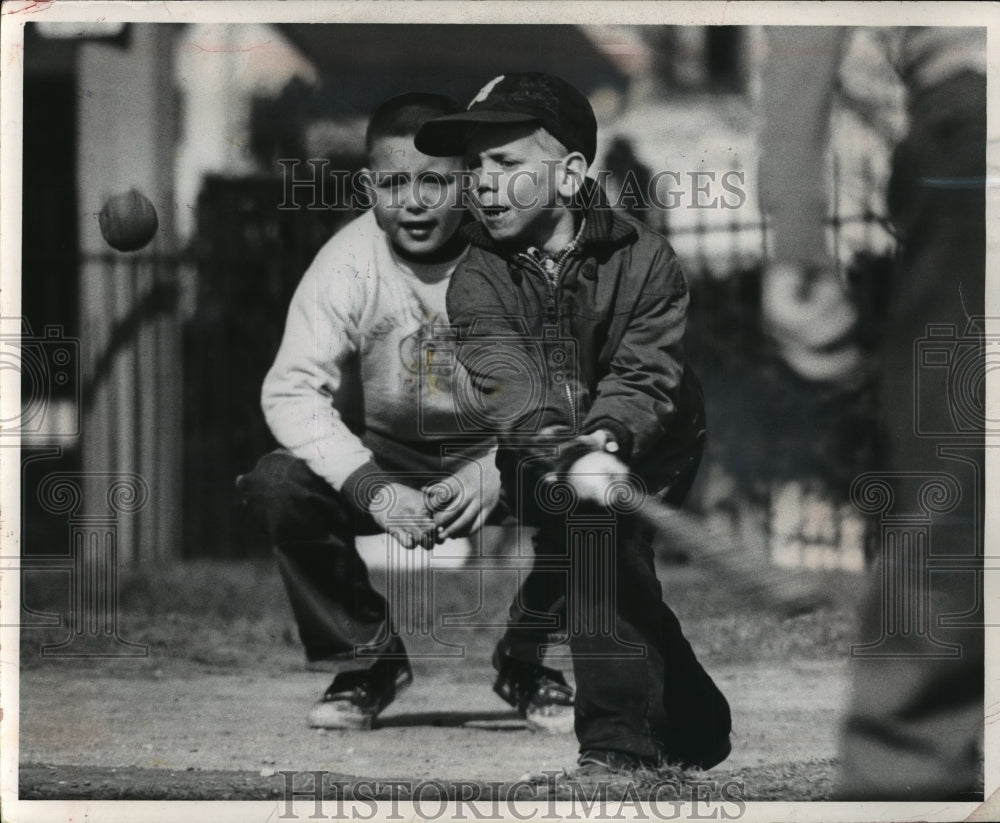 1962 Press Photo Kevin Goelz at bat and Eugene Moser as catcher. - mja65092 - Historic Images