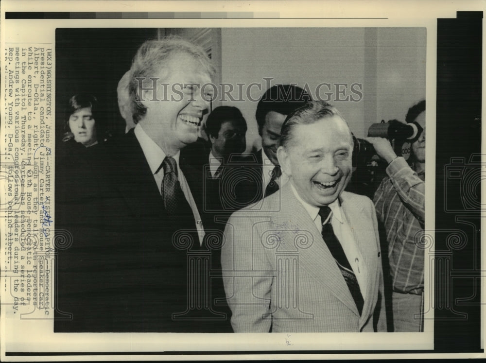 1976 Press Photo President Jimmy Carter With House Speaker in Front of Reporters - Historic Images