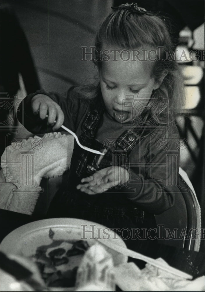 1993 Press Photo Danielle Francour Eats Pancakes at Lumberjack Breakfast - Historic Images