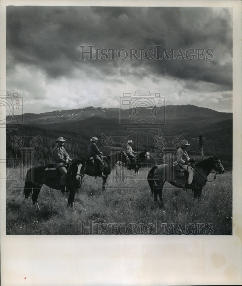 1964 Press Photo Horses and riders at end of day in Colorado's "high country." - Historic Images