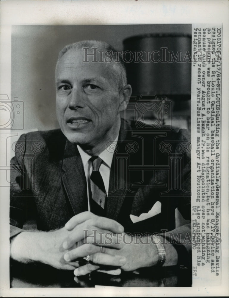 1964 Press Photo Cardinals General Manager Bing Devine announcing resignation - Historic Images