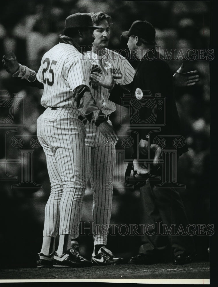 1990 Press Photo Don Baylor and Rob Deer Arguing With Umpire Jim Evans- Historic Images