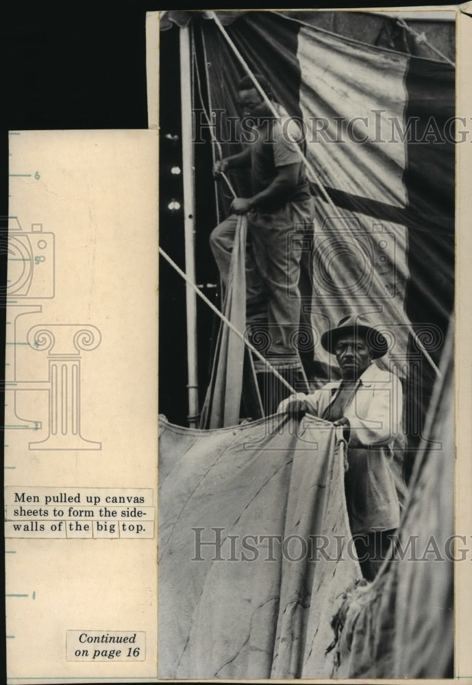 1958 Press Photo Men Prepare the Big Top Canvas Tent for the Circus - mja68042 - Historic Images