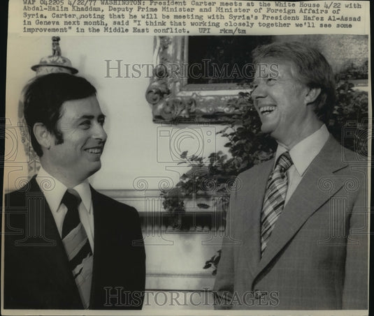 1977 Press Photo Jimmy Carter & Abdal-Halim Khaddam Meeting at the White House-Historic Images
