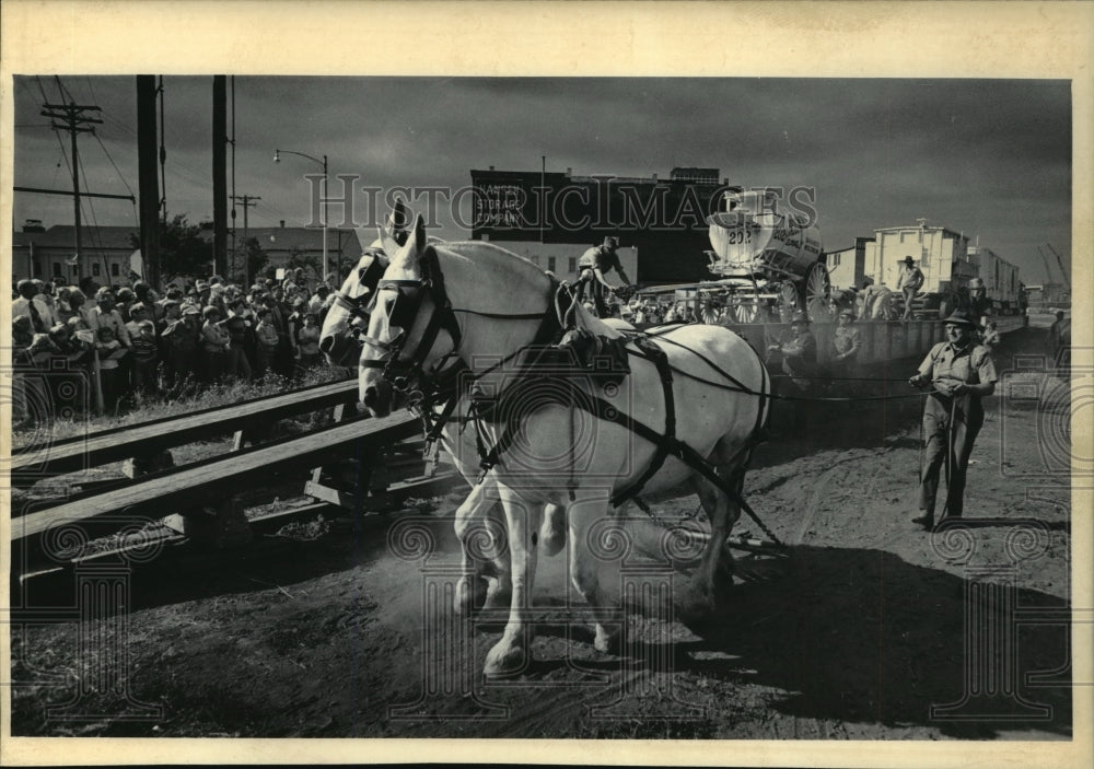 1973 Press Photo Schlitz Circus Parades Draft Horses Unloading Wagons From Train-Historic Images
