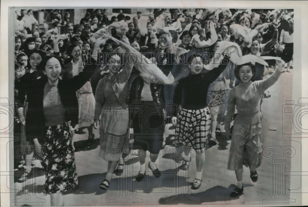 1960 Press Photo Women Waving Scarves in Peiping, China - mja70740 - Historic Images