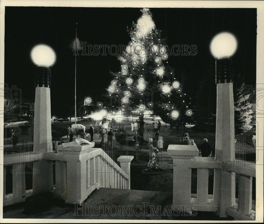 1987 Press Photo Saukville Christmas trees flanked by pillars was illuminated-Historic Images