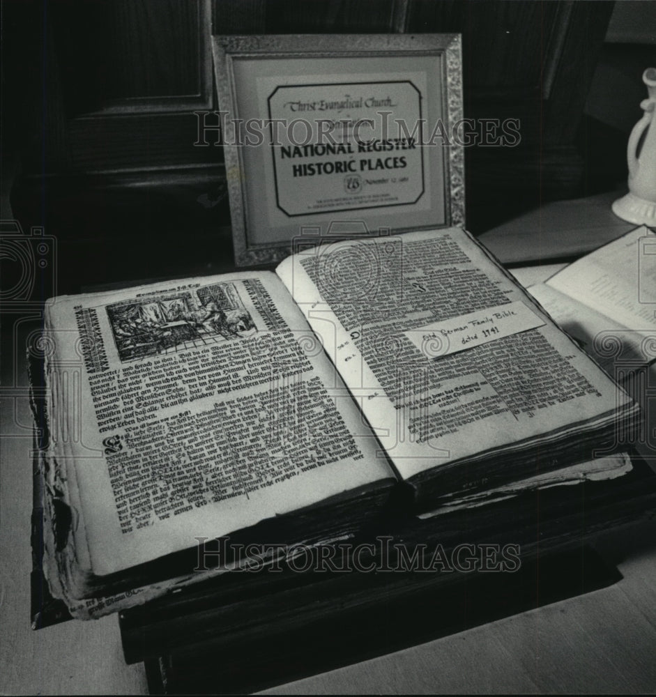 Press Photo 1741 German Family Bible on Display at the Christ Church Museum - Historic Images