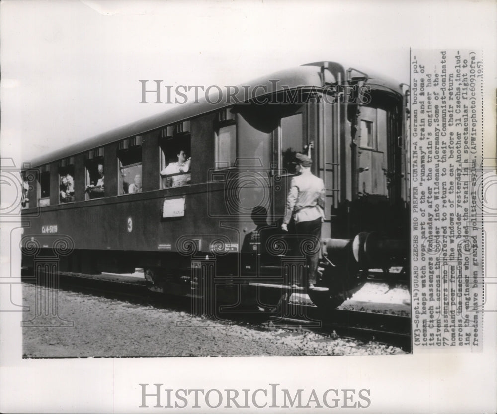 1951 Press Photo German border policeman watches over Czech &quot;runaway&quot; train - Historic Images