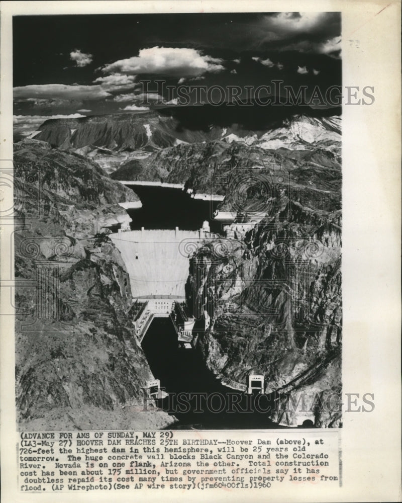 1960 Press Photo The Hoover Dam Blocking Colorado and Black Canyon Rivers - Historic Images