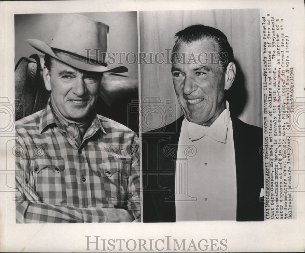 1961 Press Photo Garry Cooper as Old West narrator and at Hollywood Premiere - Historic Images