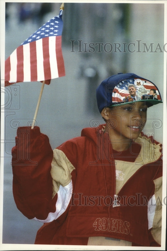 1993 Press Photo Seven Year Old Robert Holmes in a Clinton Hat - mja74260-Historic Images