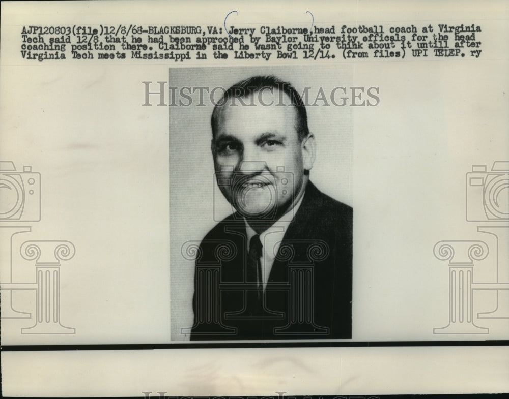 1968 Press Photo Jerry Claiborne, head football coach at Virginia Tech - Historic Images