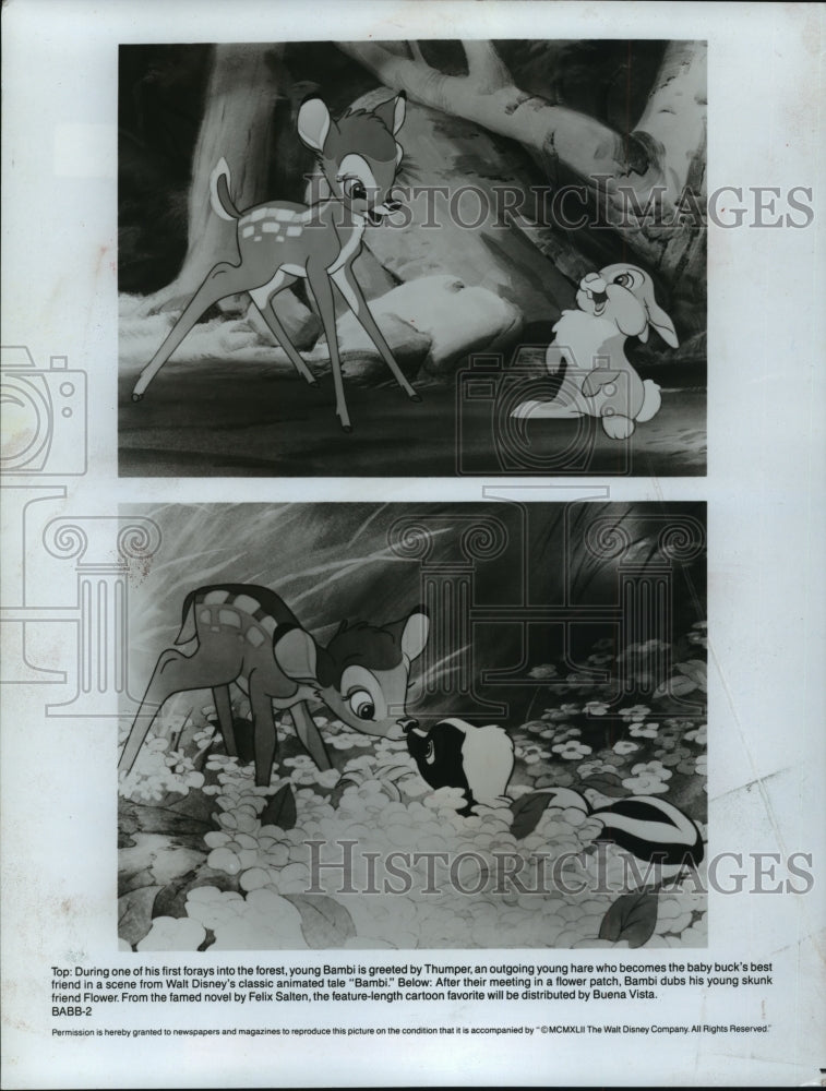 1989 Press Photo Bambi, Thumper, and Flower in Disney&#39;s &quot;Bambi&quot; - mja75711-Historic Images