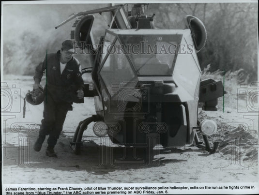 1984 Press Photo James Farentino exits helicopter in a scene from "Blue Thunder"-Historic Images