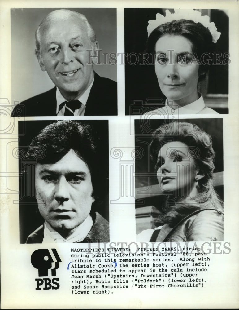 1986 Press Photo Alistair Cooke, Jean Marsh, Robin Ellis, and Susan Hampshire-Historic Images