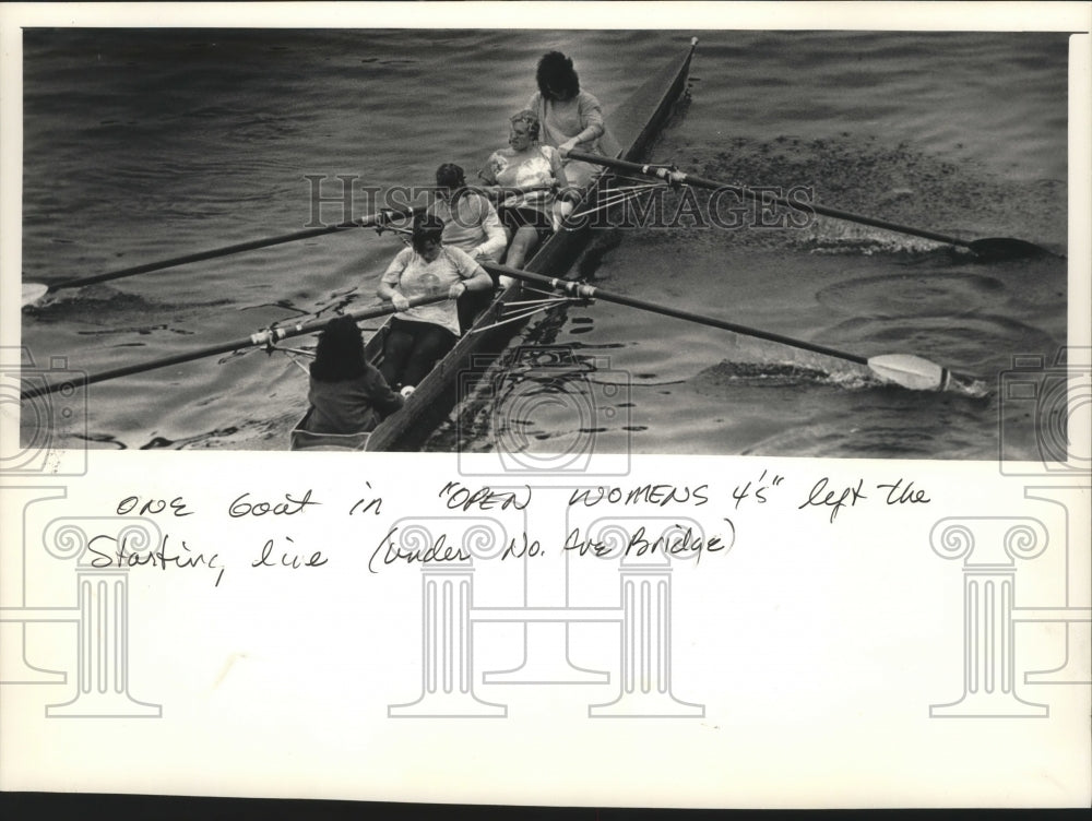 1986 Press Photo Open womens fours rowing team on the Milwaukee River, Wisconsin-Historic Images