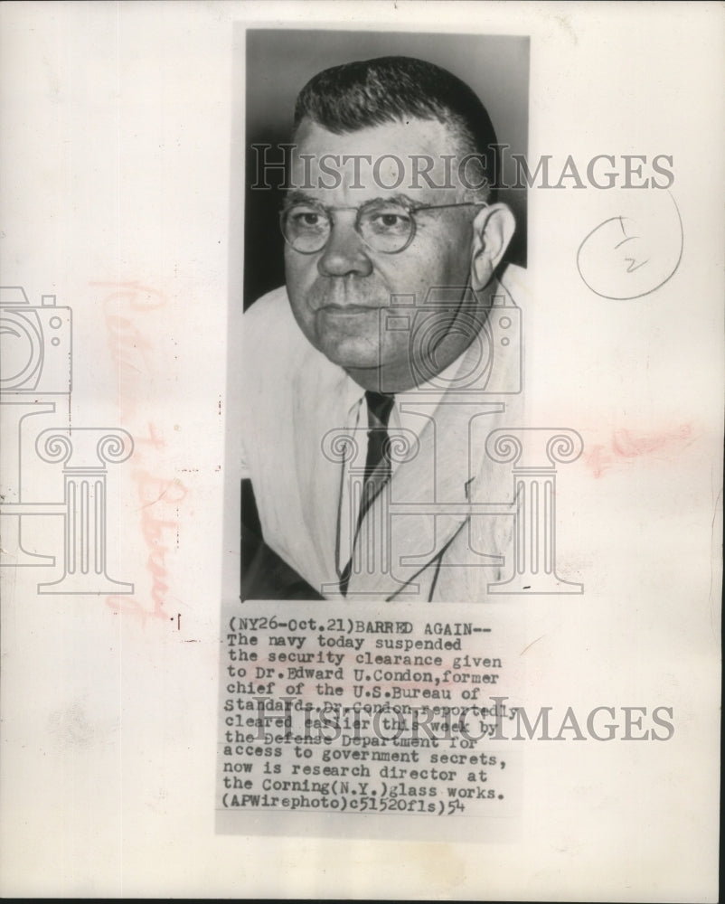 1954 Press Photo the navy suspended security clearance to Dr. Edward U. Condon - Historic Images