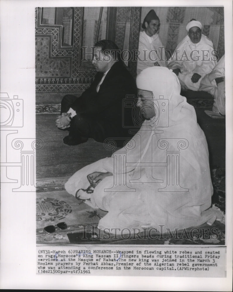 1961 Press Photo King Hassan II with Premier Ferhat Abbas at the Mosque of Rabat-Historic Images
