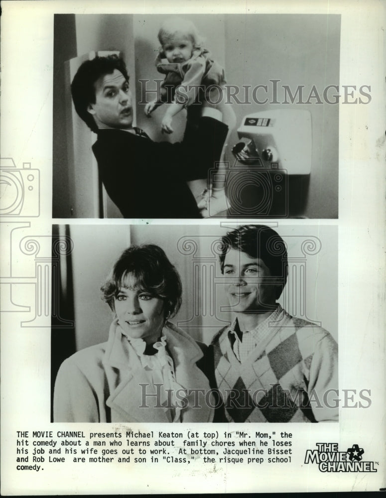 1984 Movie stars Michael Keaton, Jacqueline Bisset and Rob Lowe-Historic Images