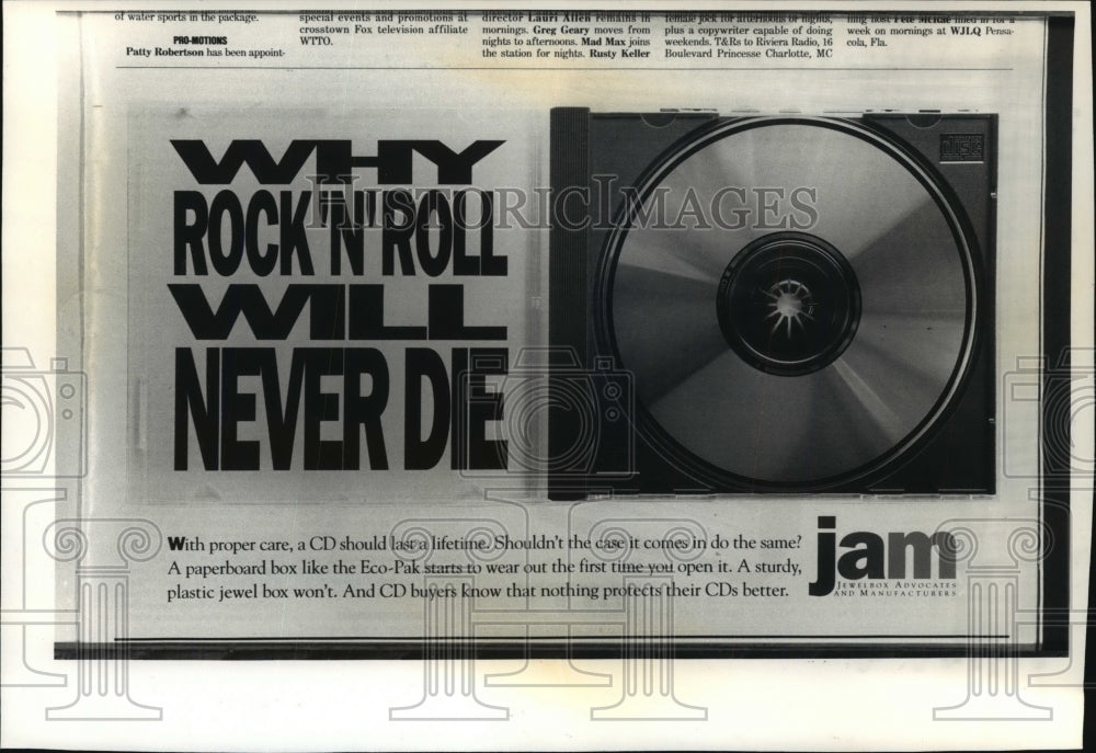1991 Press Photo Ad Run by Jewel Box Advocates and Manufacturers for CDs-Historic Images