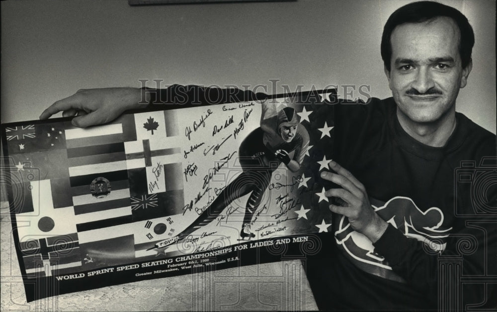 1988 Press Photo John Zablokcki with Signed Olympic Speed Skating Team Poster - Historic Images