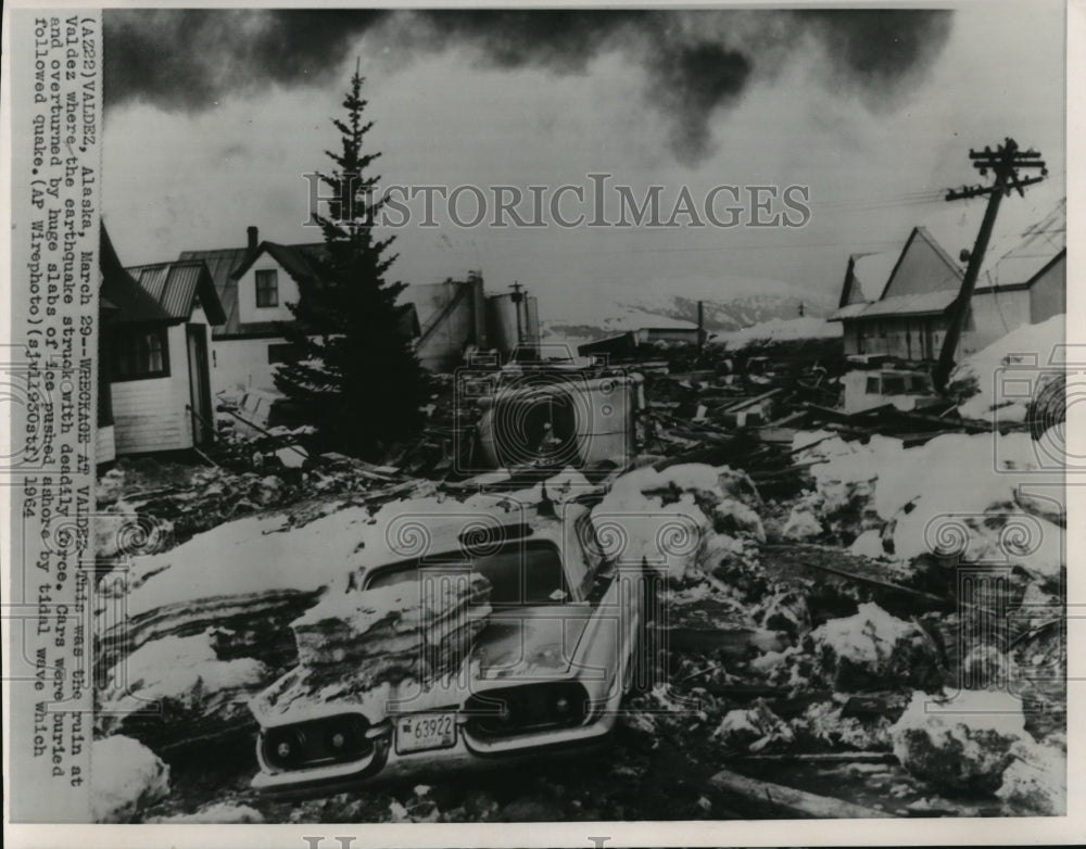 1964 Press Photo Earthquake &amp; Tidal Wave Damage in Valdez, Alaska - mja86589-Historic Images