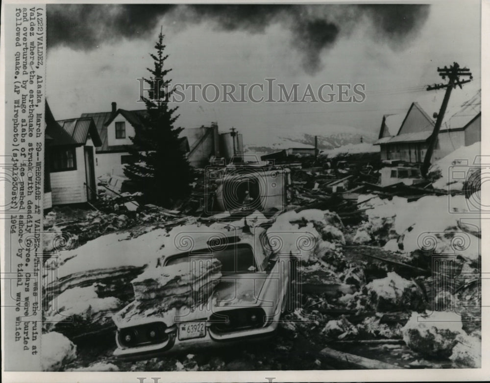 1964 Press Photo Earthquake & Tidal Wave Damage in Valdez, Alaska - mja86589-Historic Images