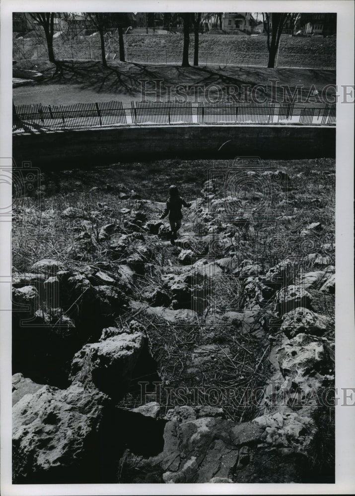 1963 Press Photo Child walks down what used to be rapids on Monkey Island.-Historic Images