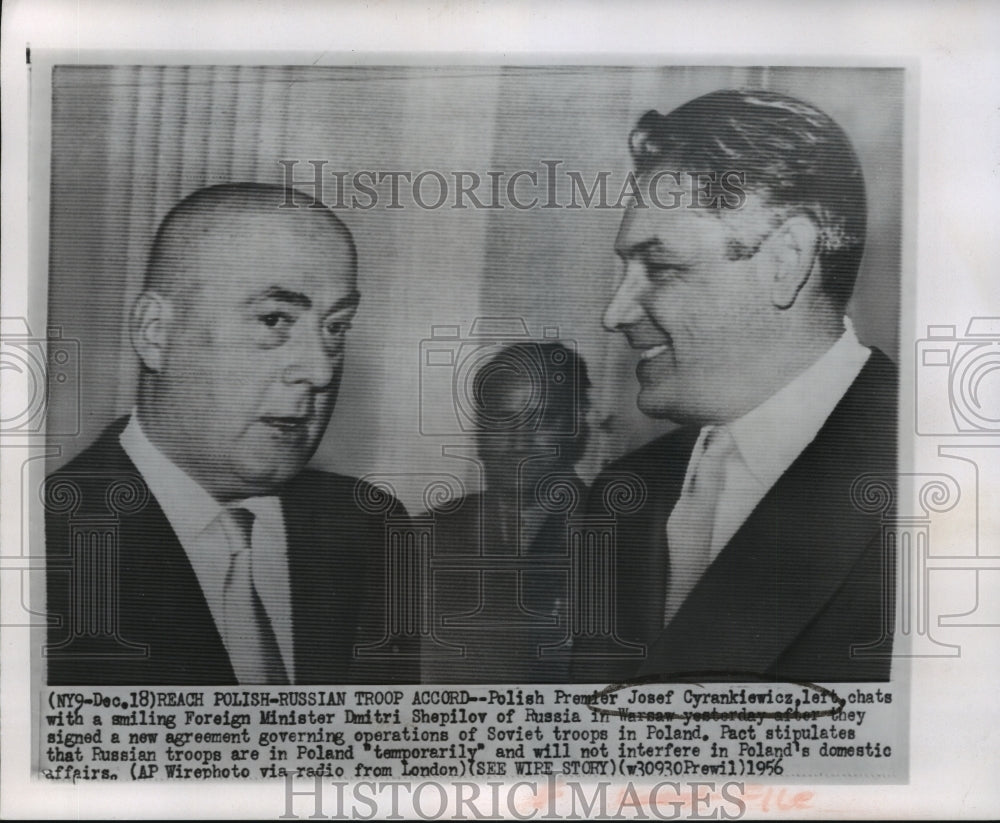 1956 Press Photo Premier Josef Cyrankiewics of Poland, Soviet Minister Shepilov-Historic Images