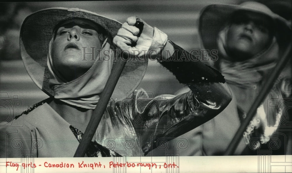 1985 Press Photo Flag girls of Canadian Knights, Peterborough, Ontario pose.-Historic Images