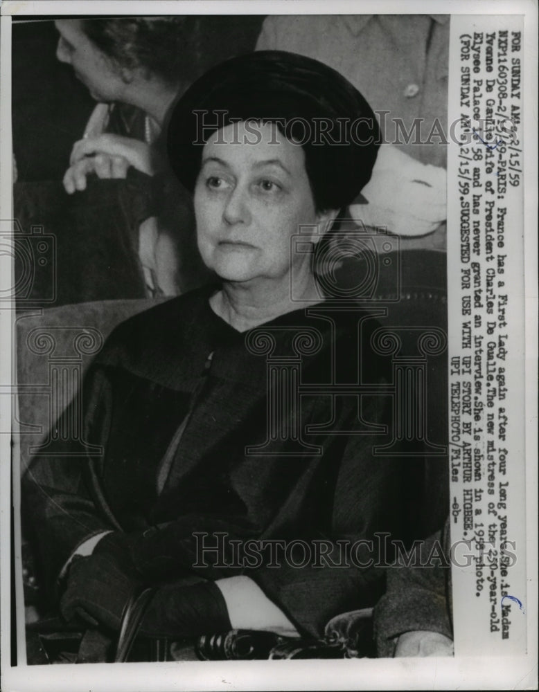 1959 Press Photo Yvonne De Gaulle, First Lady in France - mja91619 - Historic Images