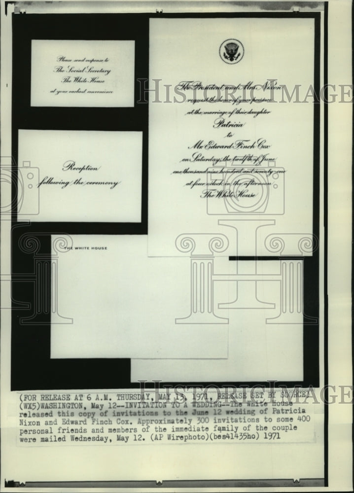 1971 Press Photo Edward Finch Cox and Patricia Nixon wedding invitations-Historic Images