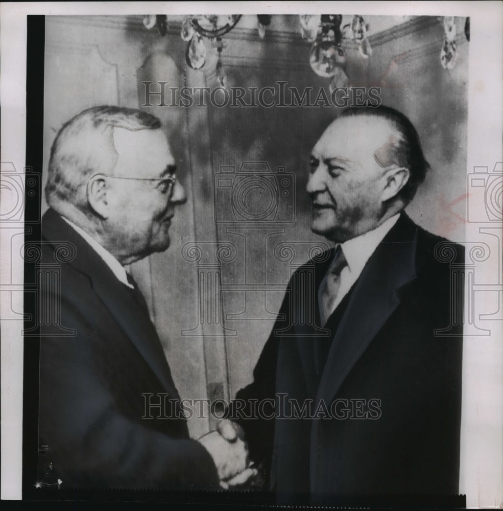 1953 Press Photo Secretary of State Dulles is greeted by Konrad Adenauer - Historic Images