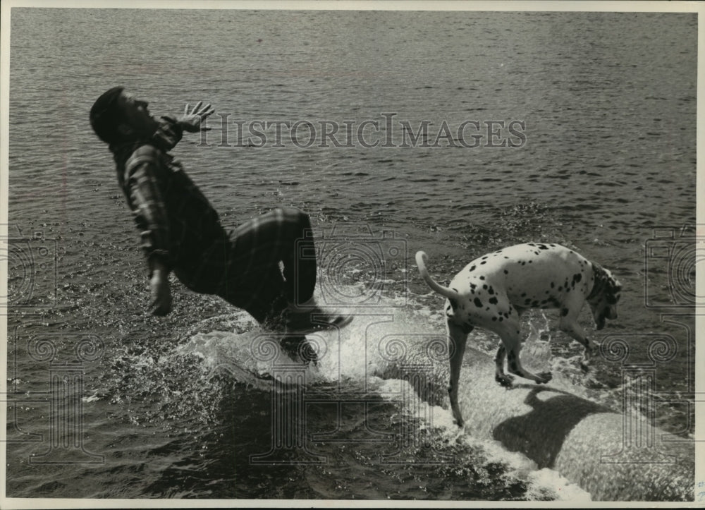 1963 Press Photo Dalmatian and owner on a spinning log in Wisconsin - mja93718 - Historic Images