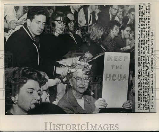 1961 Press Photo Protesters hold sign and make a face for the picture in Madison-Historic Images