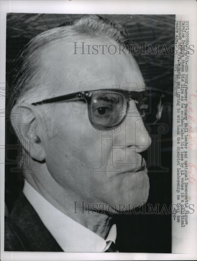 1963 Press Photo Carmine DeSapio thinking about his loss in political comeback-Historic Images