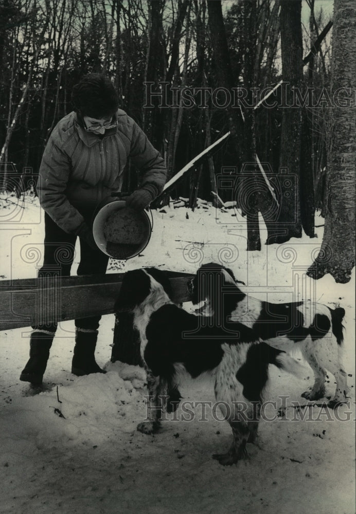 1984 Kathy Simmons is watched by her two dogs as she feeds deer - Historic Images