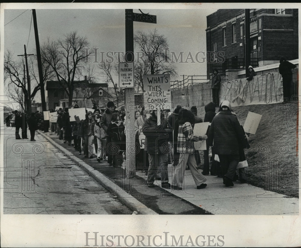 1975 People protest Milwaukee high school teachers remark on Indians-Historic Images