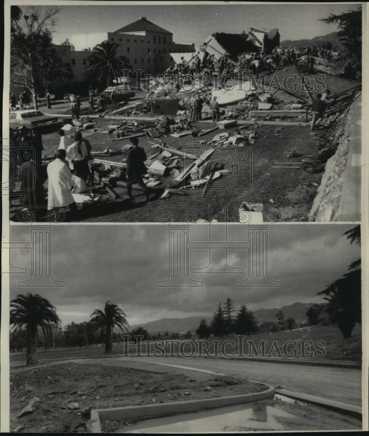 1971 Press Photo Slymar Veterans Hospital California Earthquake Before and After-Historic Images