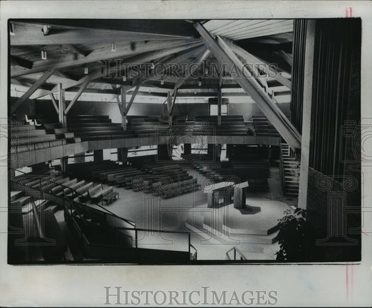 1975 Interior of the hexagonal Elmbrook Church in Wisconsin-Historic Images
