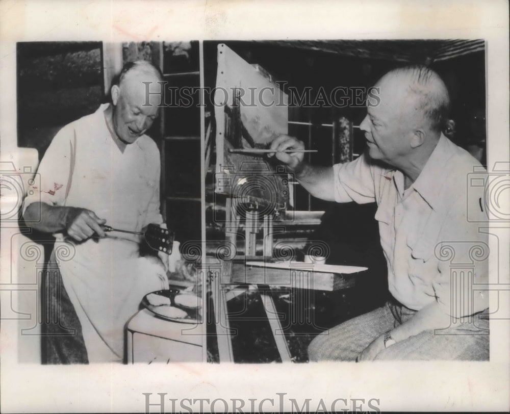 1953 Press Photo President Eisenhower Cooks Flapjacks and Paints , recreation - Historic Images