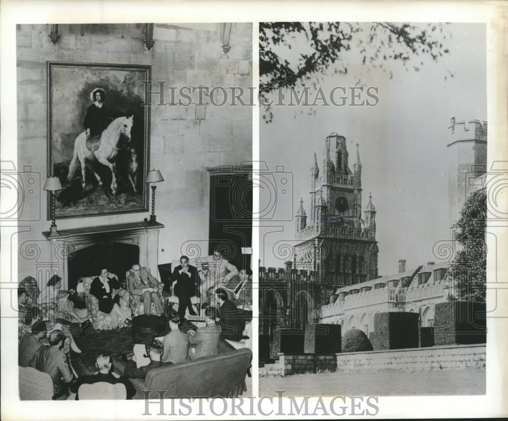 1949 Press Photo Discussion at Ashridge College with Exterior of College - Historic Images