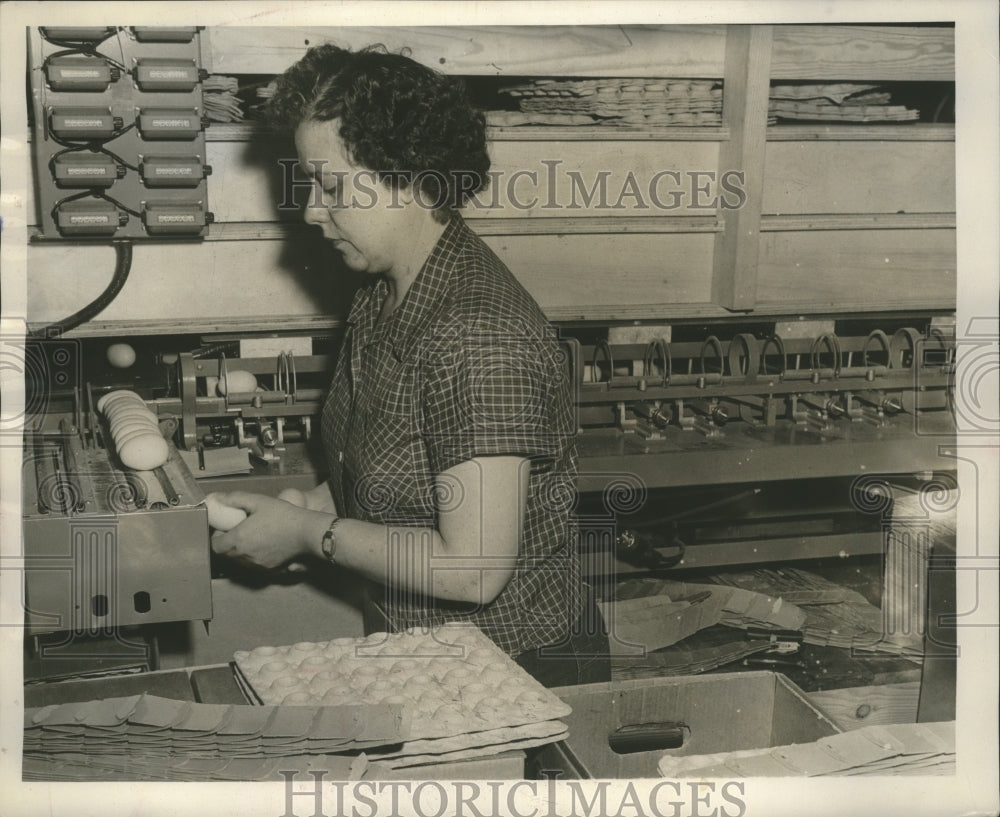 1948 Press Photo Mrs. Ruth Friske, candling an egg at Lake Land Egg, Sparta. - Historic Images