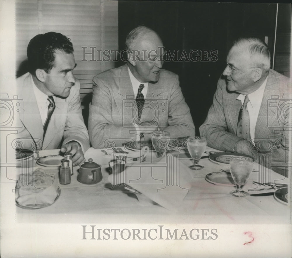 1952 Press Photo Senator Nixon, Dwight D. Eisenhower and John Dulles, Denver. - Historic Images