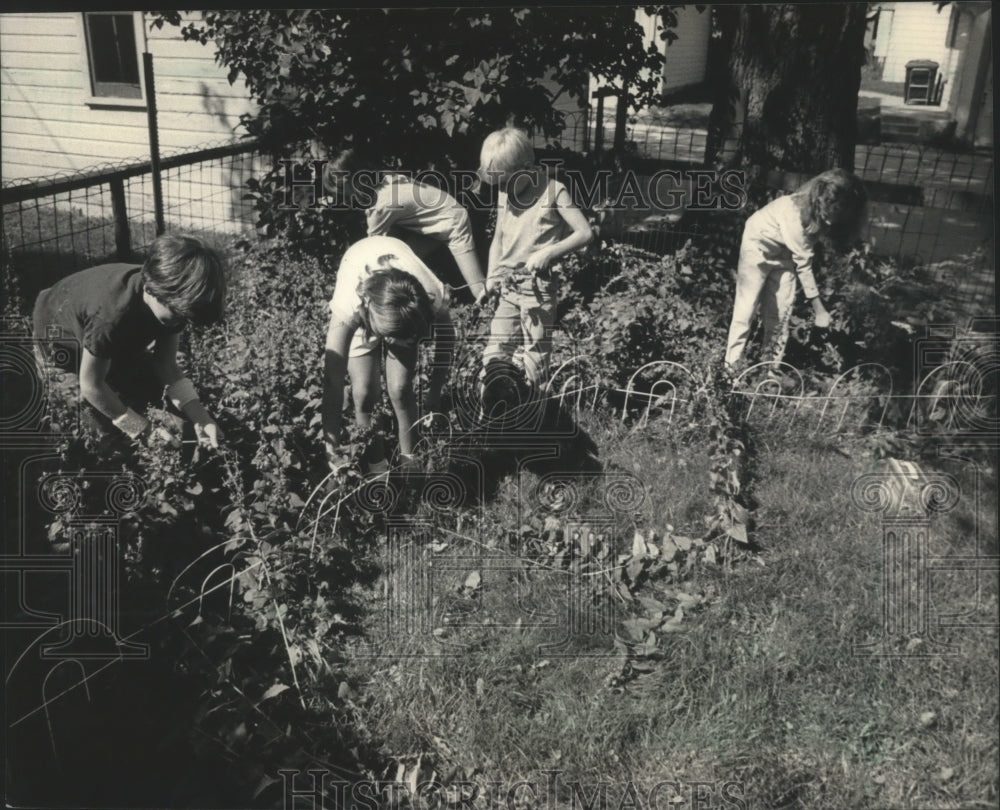 1986 Press Photo Children of Rose and David Jorgenson work in the garden - Historic Images